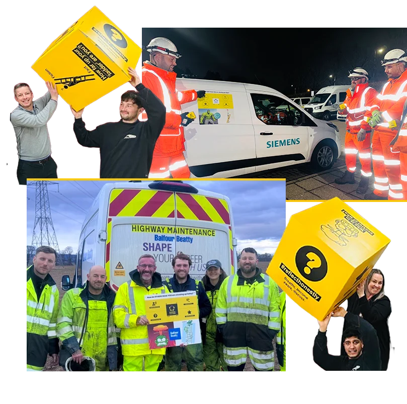 Huddle Culture behavioural safety training in action with Siemens Rail and Balfour Beatty teams using the Communication Cube to improve workplace safety and engagement